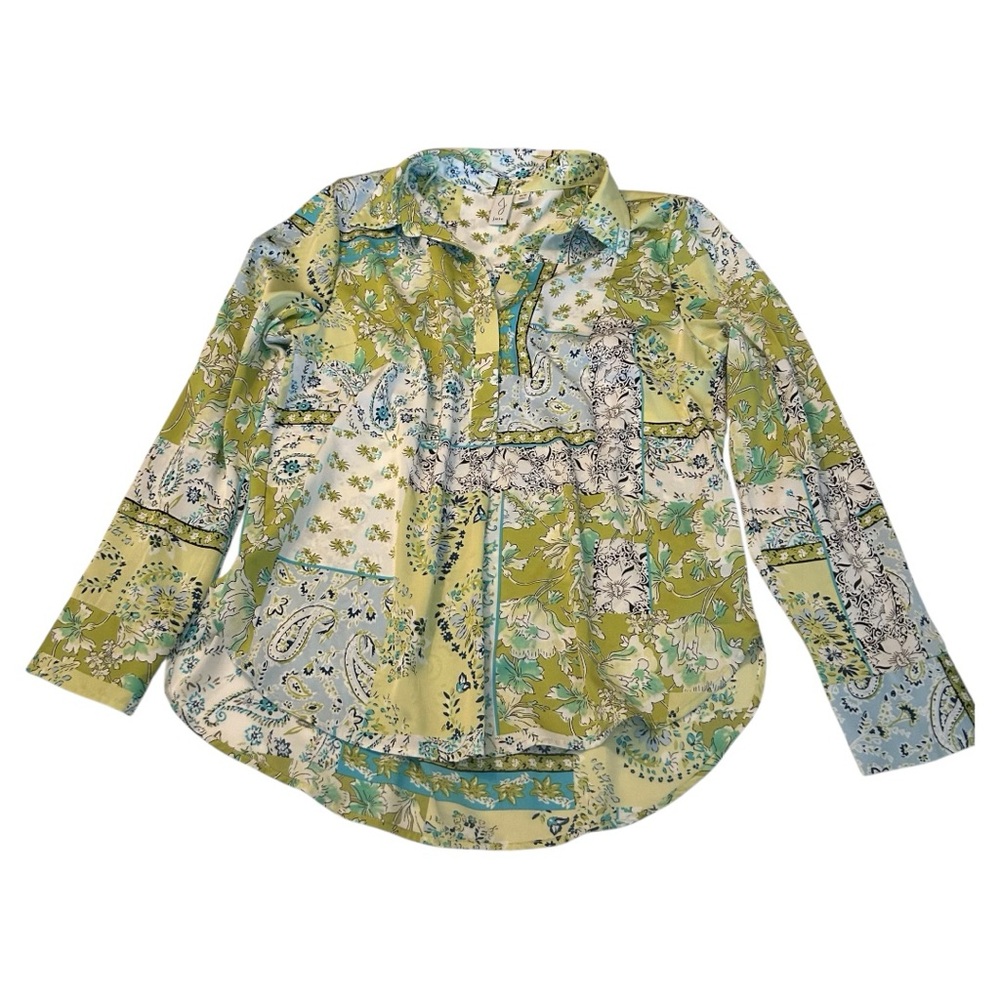 Joie green blue white floral print long sleeve collared blouse